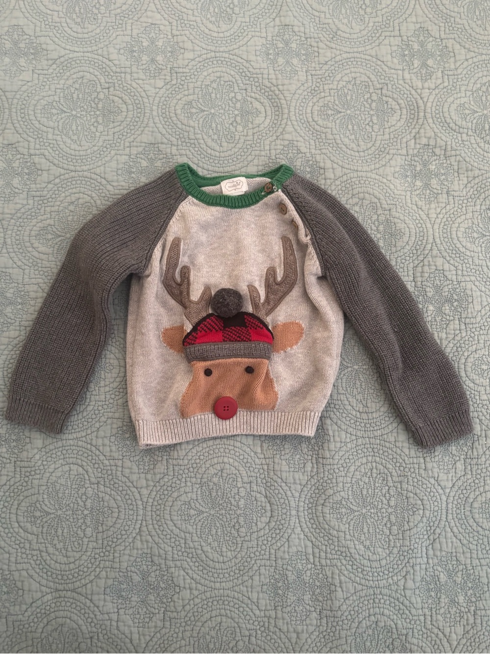 Mud Pie Baby Gray and Cream Reindeer Sweater with Green Trim